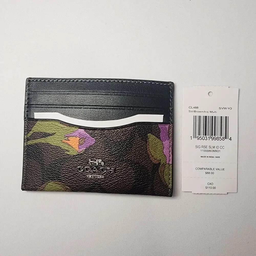 NWT COACH CL468 Slim ID Card Case Signature Canvas Rose Iris Multi